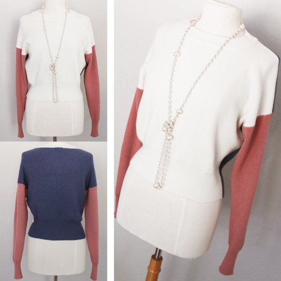 NEW Comune Bonnie Pink Indigo Ivory Colorblock Rib Knit Crew Neck Sweater $88 - Picture 9 of 13